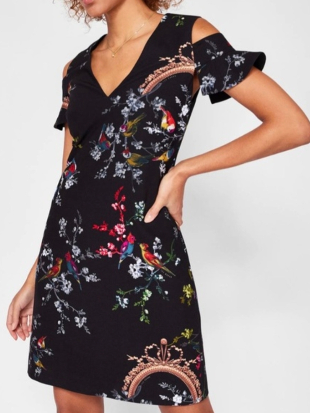 Ted Baker Black Floral Bird Print Mini Dress Cold Shoulder Fit & Flare
